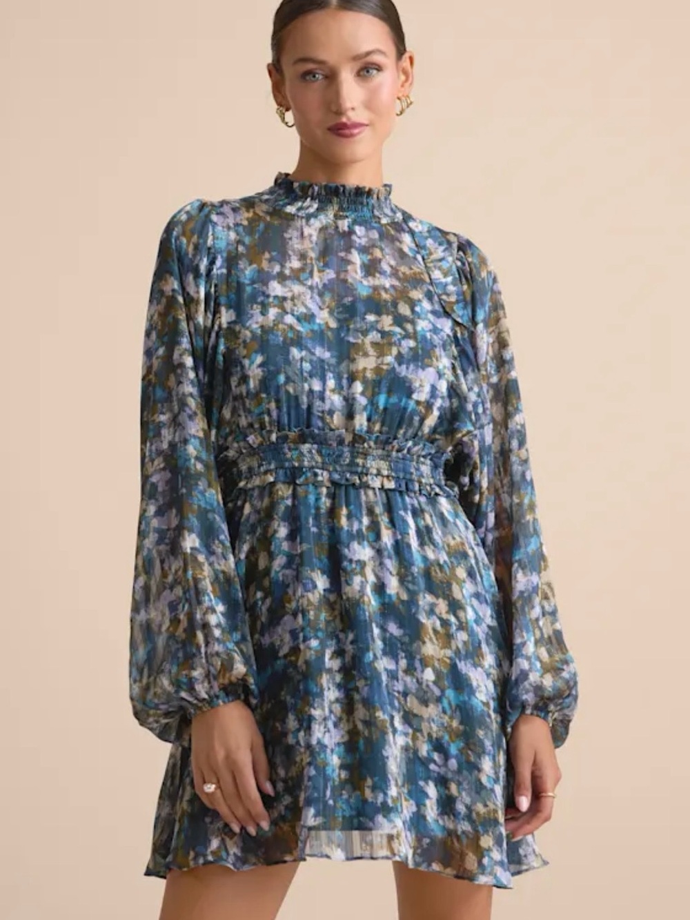 NWT Lulus Andie blue abstract print ruffle mini dress